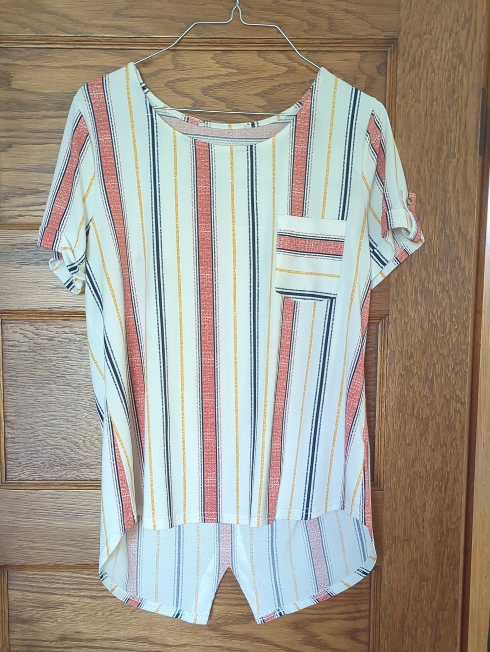 Women’s Cream Striped Short Sleeve Pocket Top Casual Summer Tee With Buttons